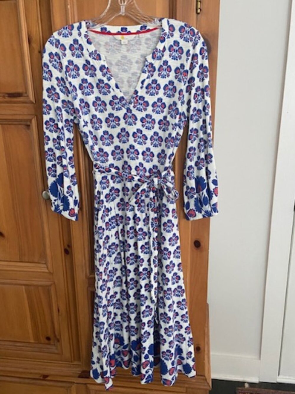 Women's Boden White Print Cotton Blend Midi Dress with Pockets in Size 2